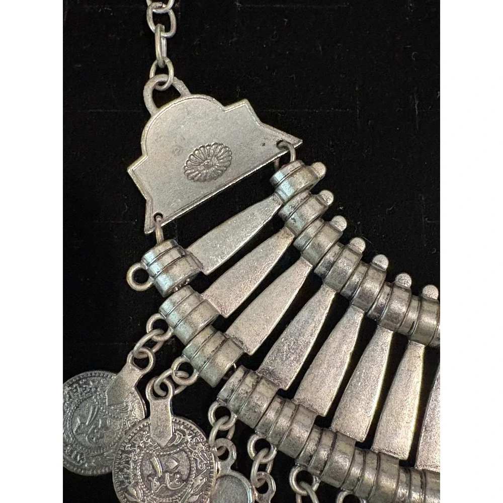 Bohemian Tribal Style Statement‎ Bib Necklace Silver Tone Arabic Coin Accents